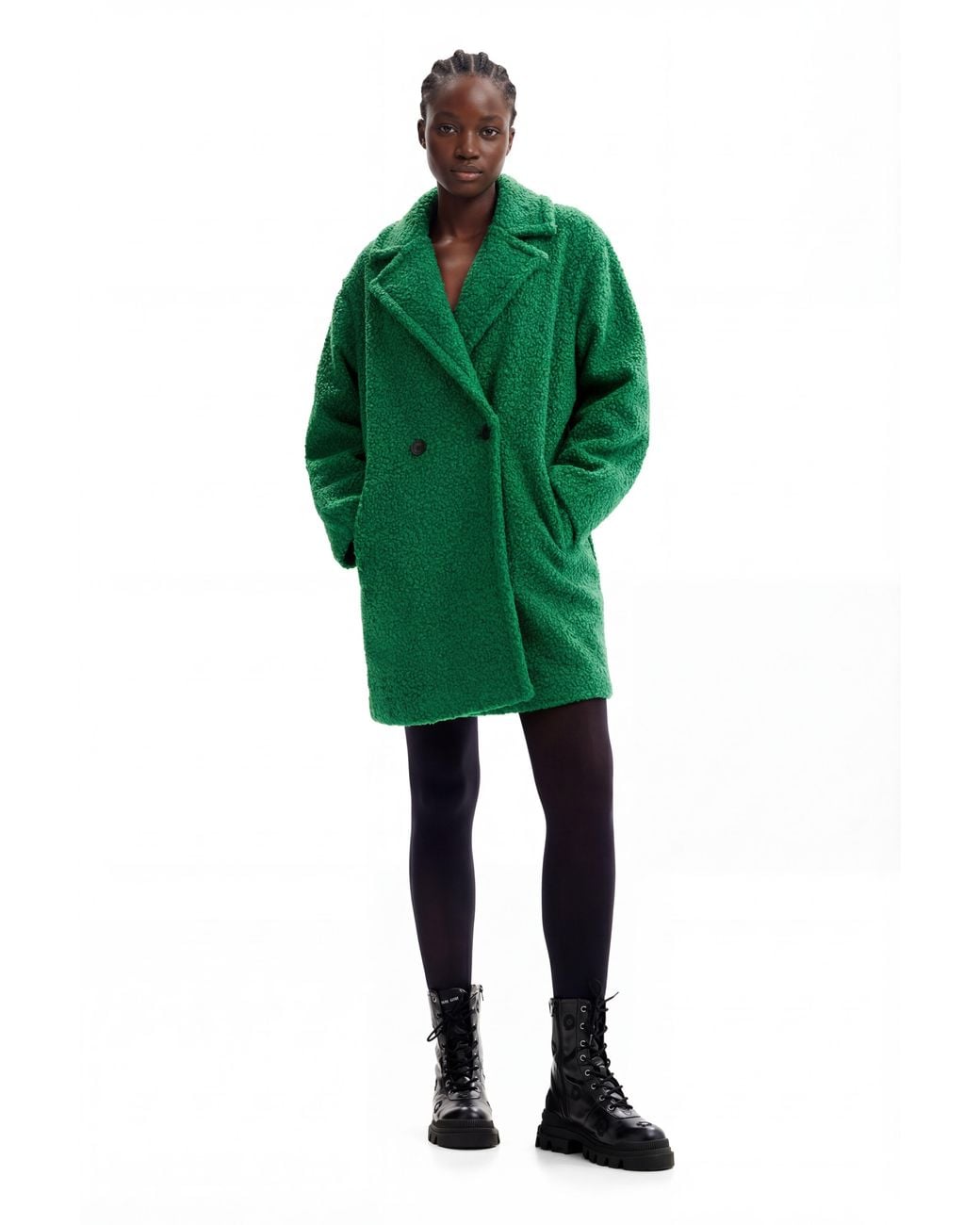 Desigual Green Double-Breasted Bouclé Coat, Polyester