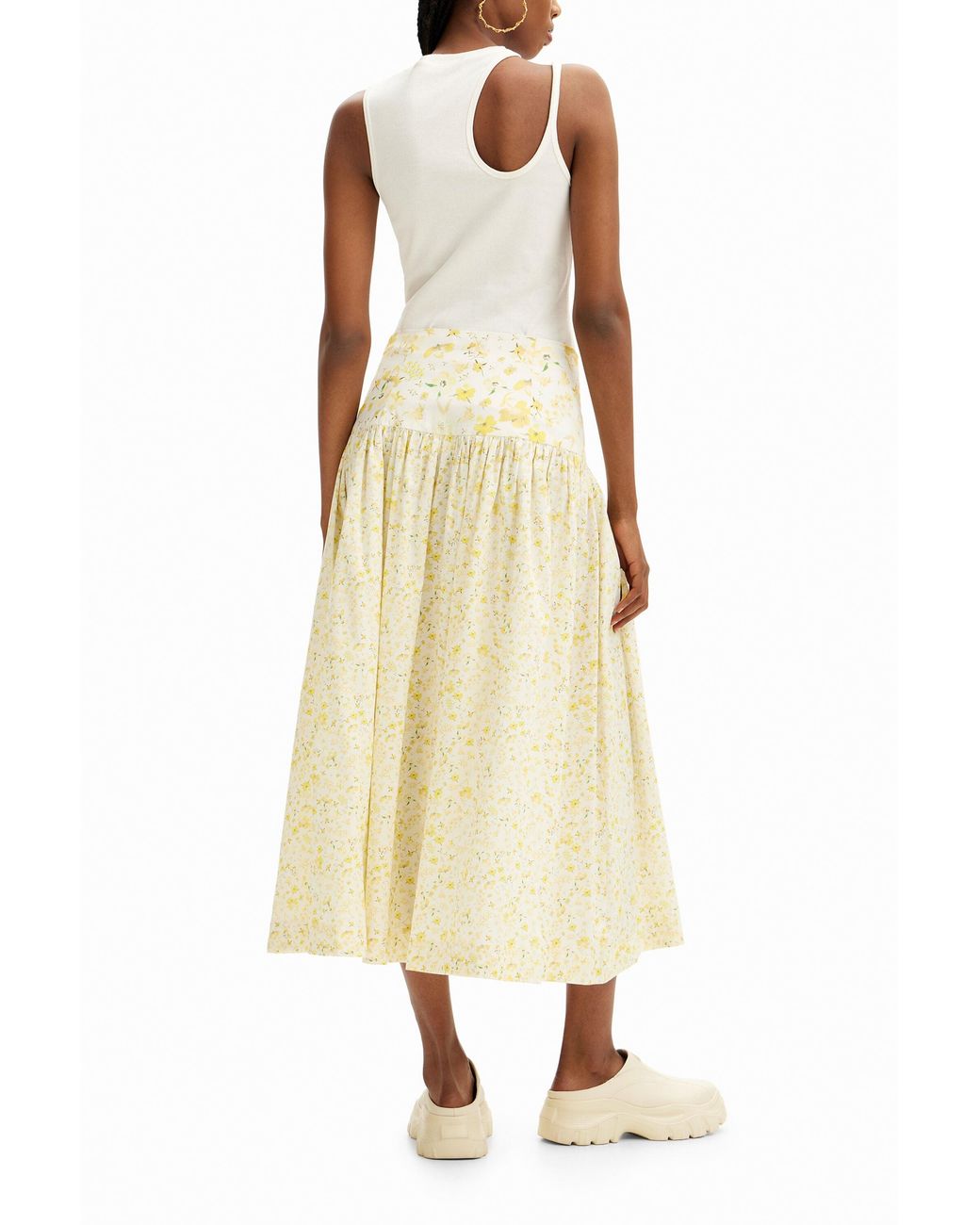 Desigual White Floral Ruffle Midi Skirt, Cotton