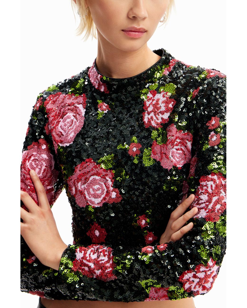 Desigual Black M. Christian Lacroix Cropped Sequin Blouse, Polyester