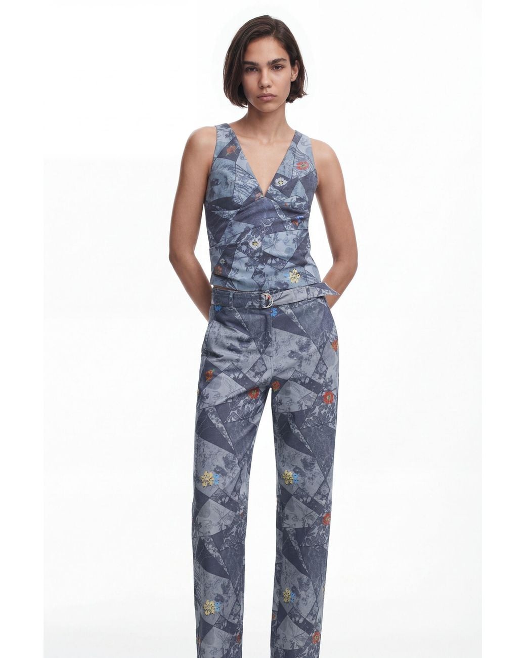 Desigual Blue Embroidered Floral Patch Tank