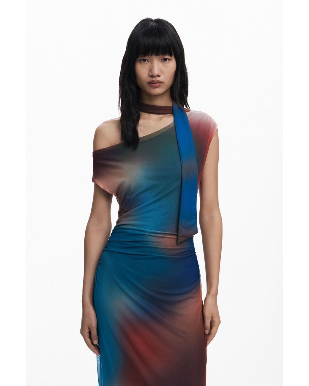 Desigual Blue Draped Dress With Irregular Neckline, Polyester