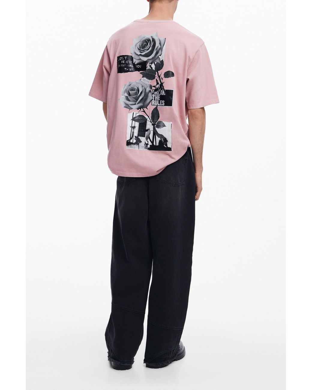 Desigual Pink Lithograph Roses T-Shirt, Cotton for men