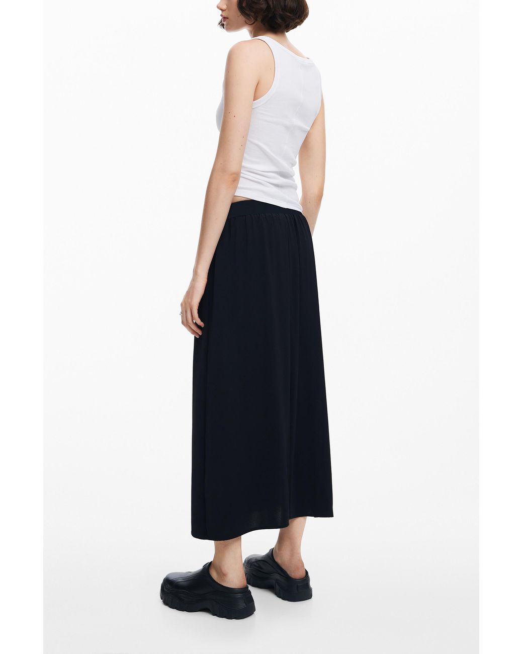 Desigual Black Pleated Midi Skirt, Polyester