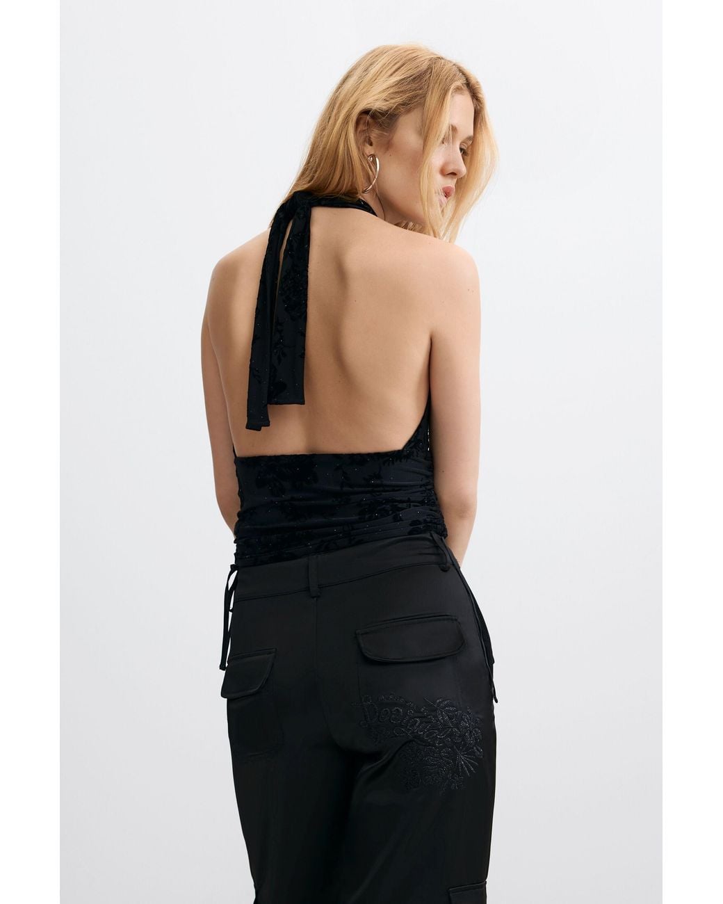 Desigual Black Halter T-Shirt With Flocked Rhinestones, Polyester