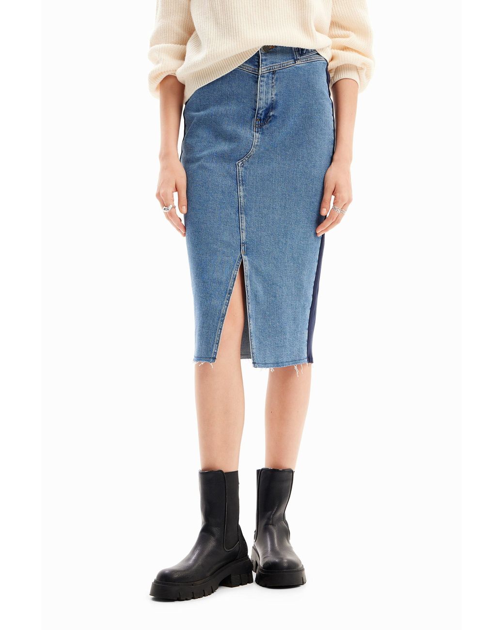 Desigual Blue Banded Denim Midi Skirt, Cotton