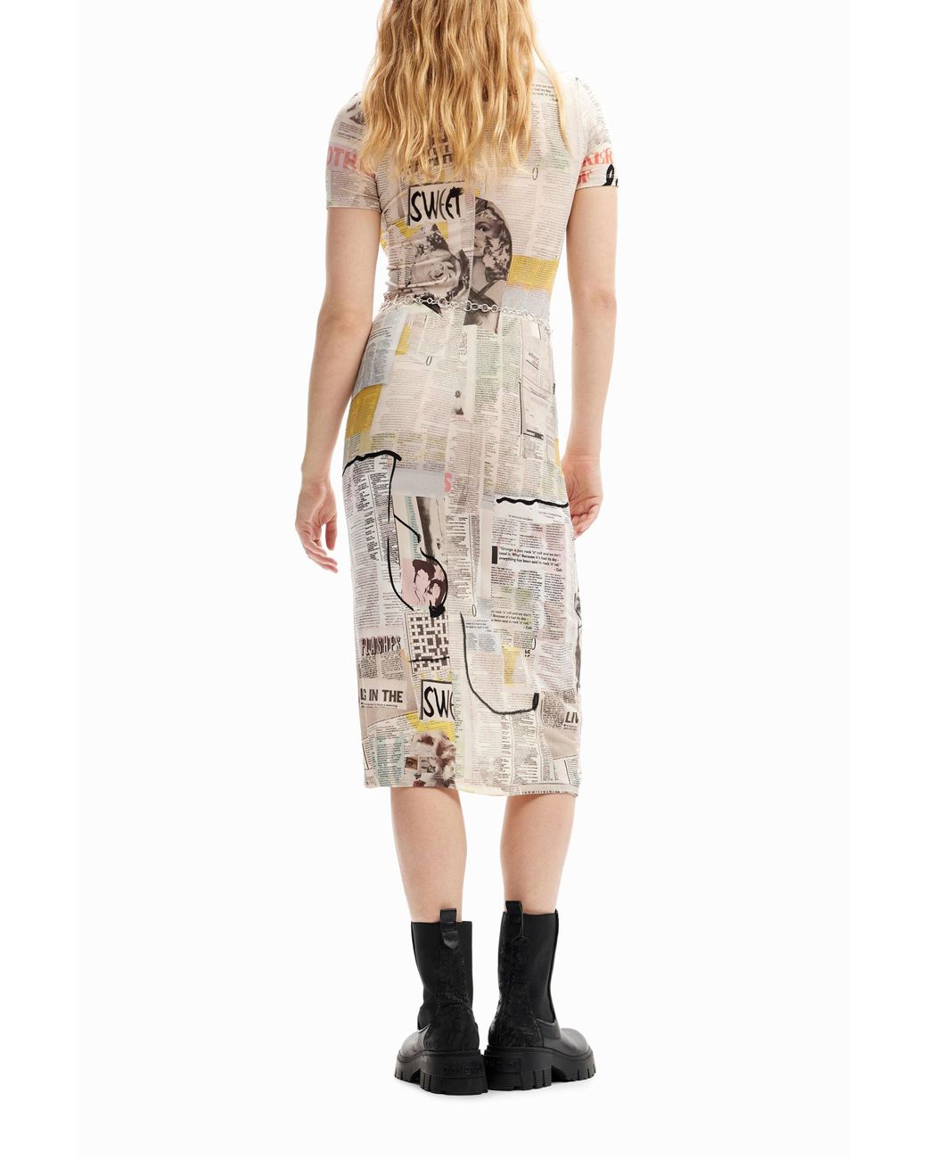 Desigual White Slim Newspaper Midi Dress, Viscose