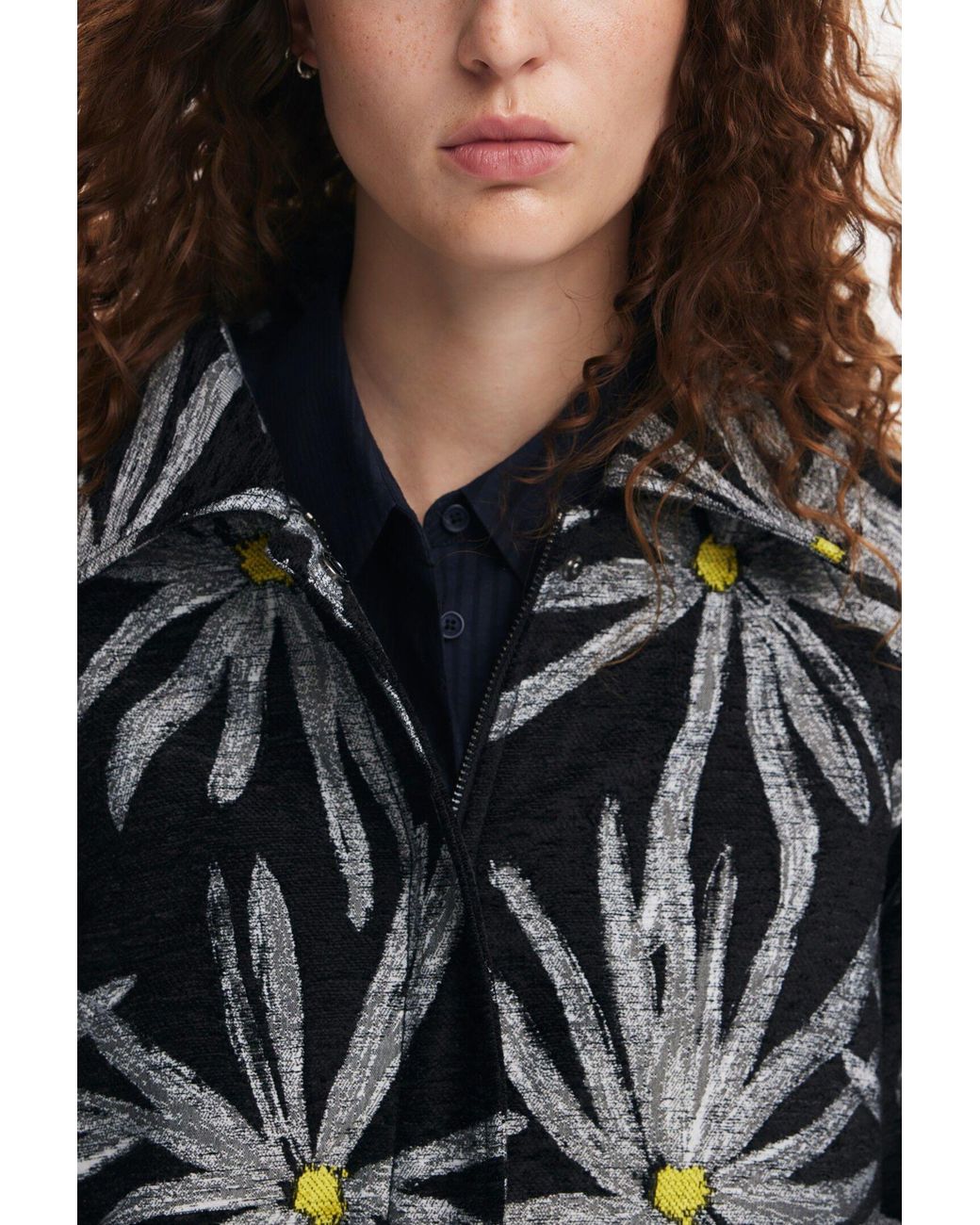 Desigual Black Daisy Print Coat, Polyester