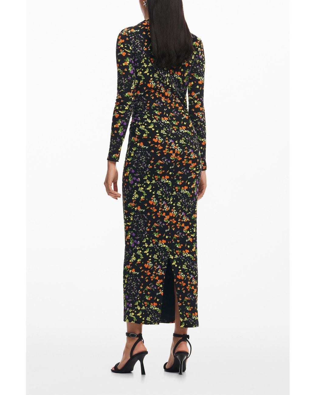 Desigual Black Slim Floral Dress, Viscose