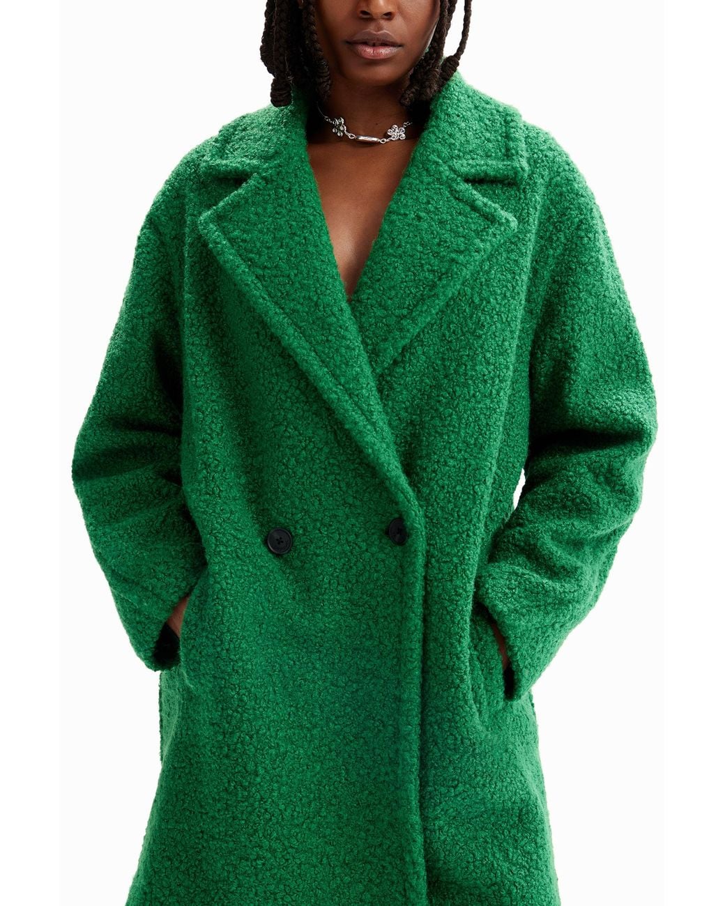Desigual Green Double-Breasted Bouclé Coat, Polyester