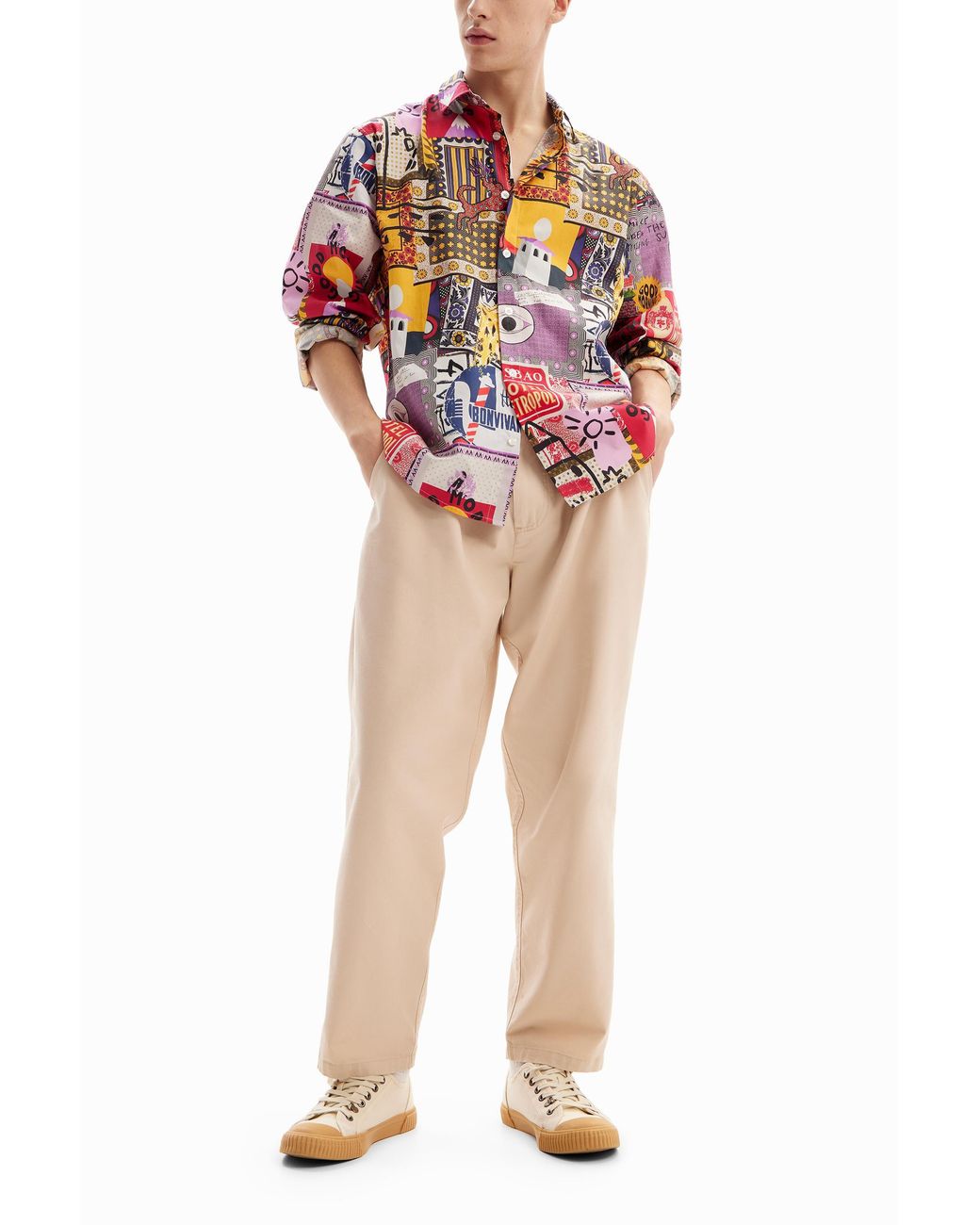 Desigual Red Patchwork Poplin Shirt, Cotton for men