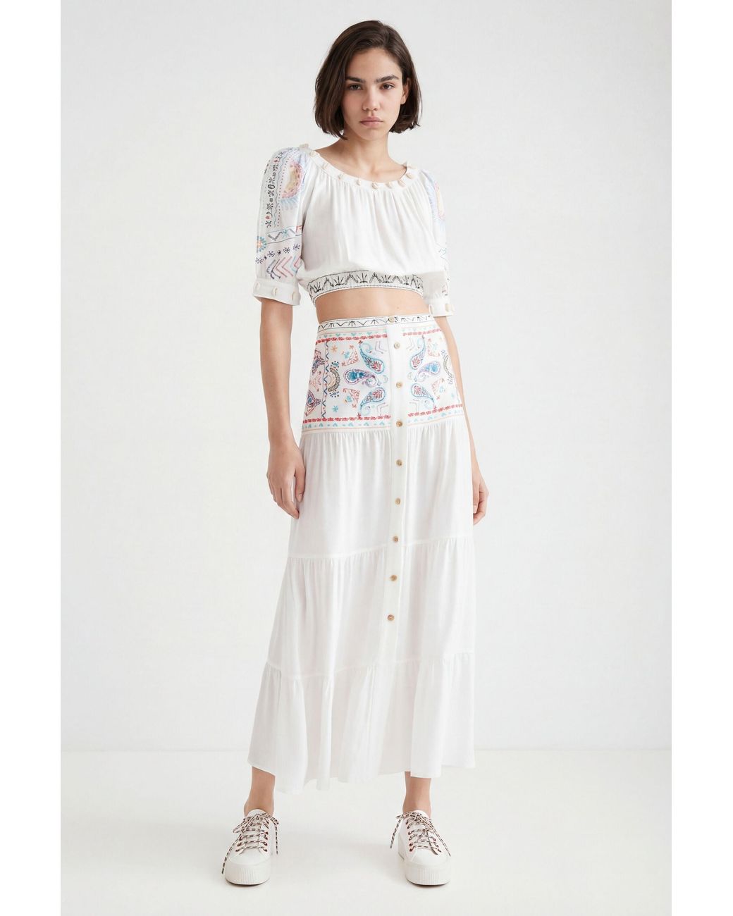Desigual White Long Paisley Skirt