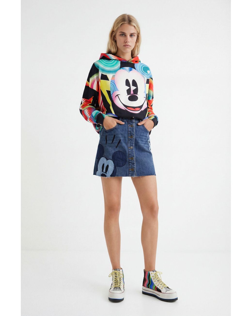 Desigual Blue Mickey Mouse Patchwork Miniskirt, Cotton