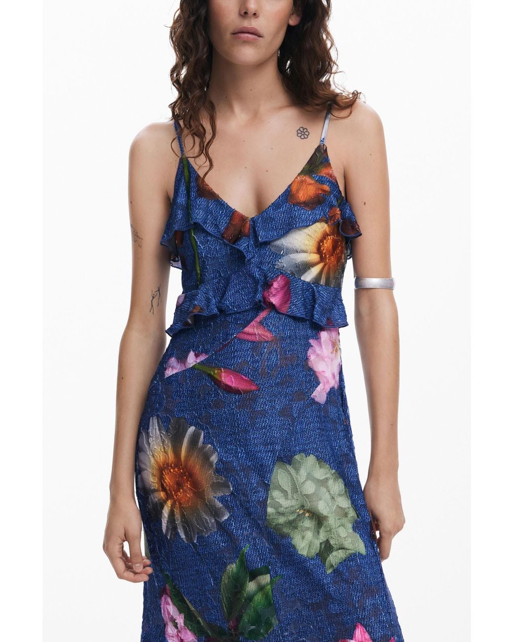 Desigual Blue Floral Midi Dress, Polyester