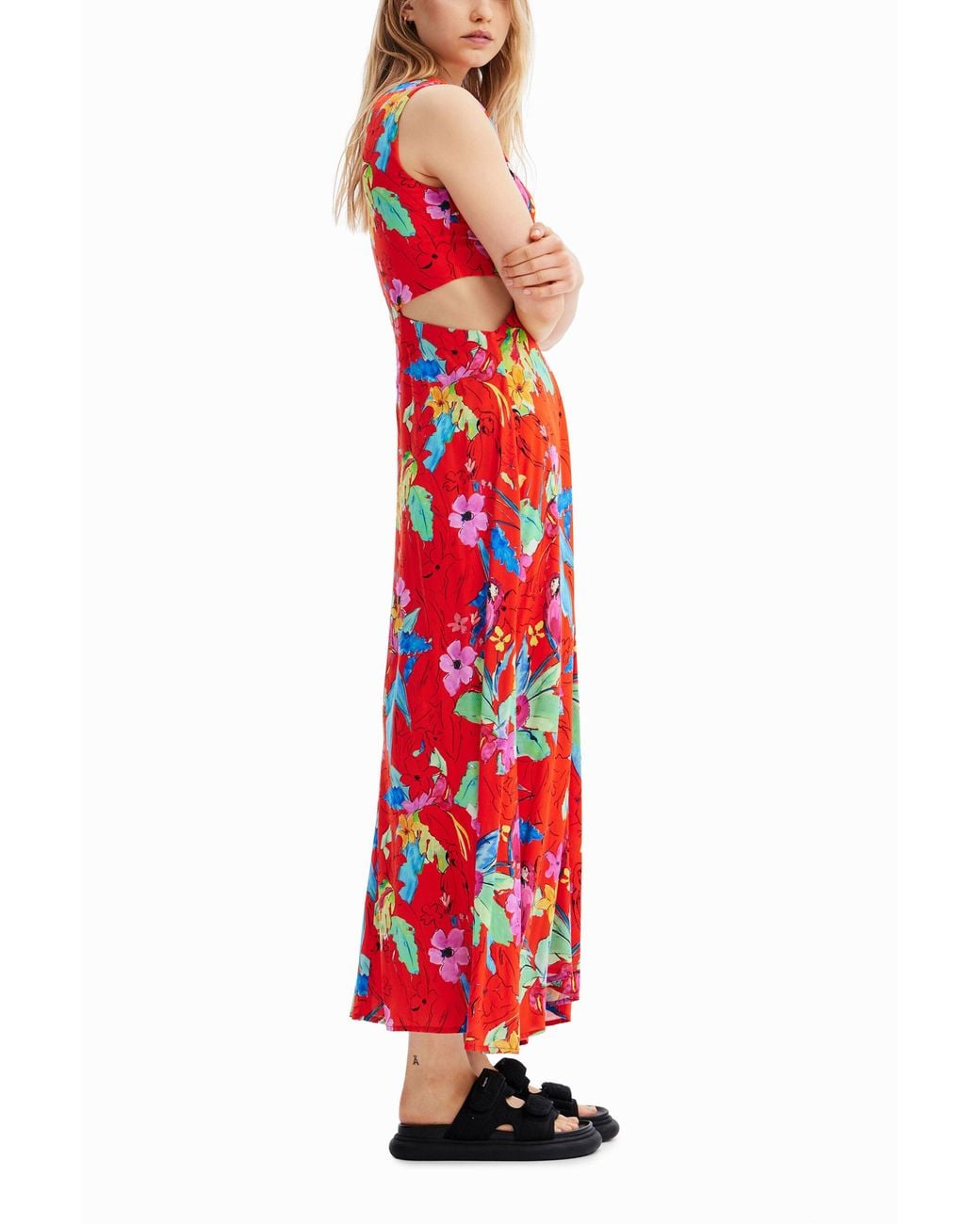 Desigual Red Long Cut-Out Dress, Viscose