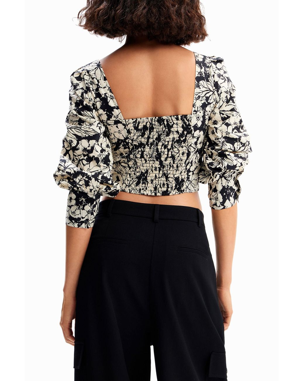 Desigual Black Cropped Floral Corset Blouse, Cotton