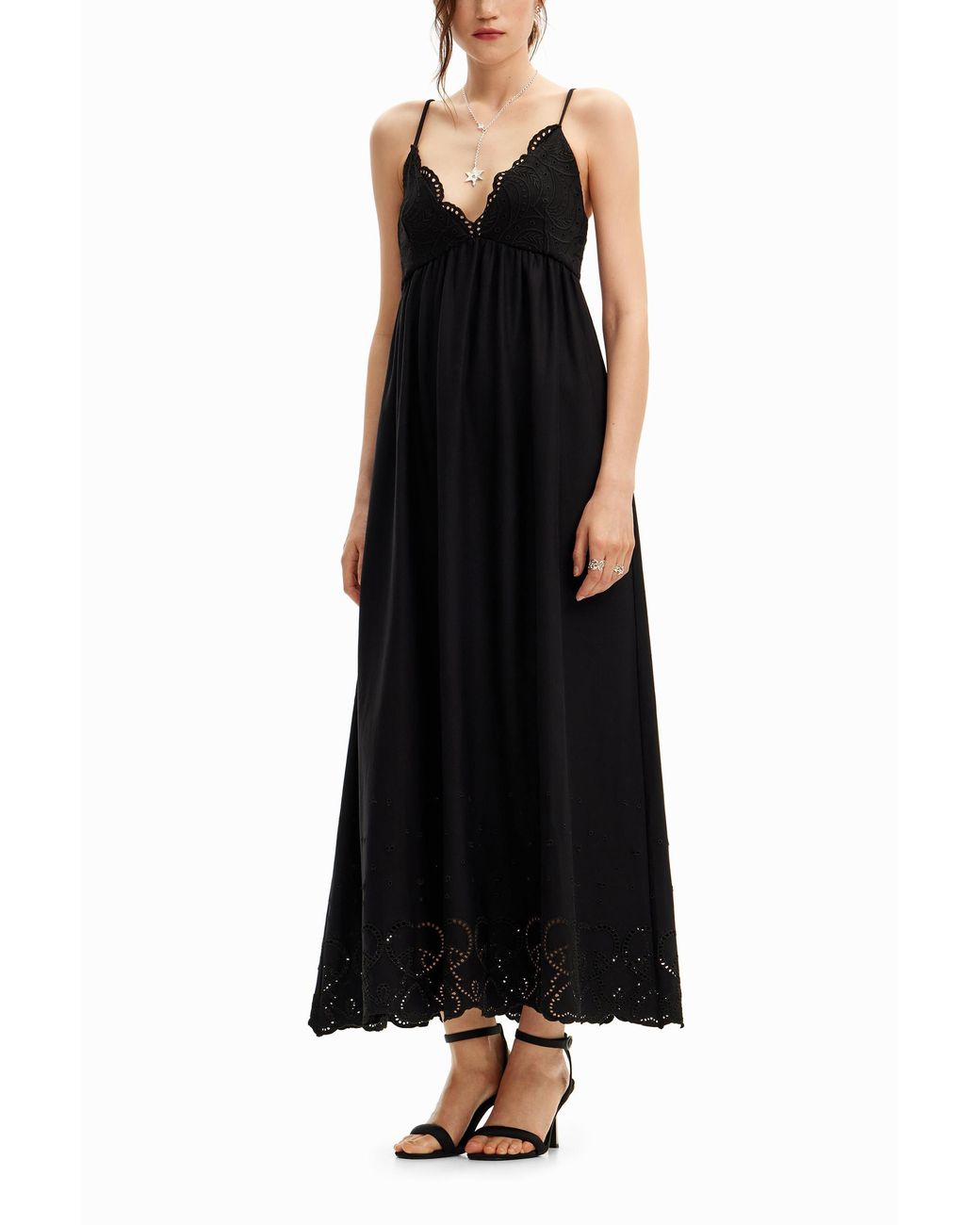 Desigual Black Long Lace Dress, Cotton