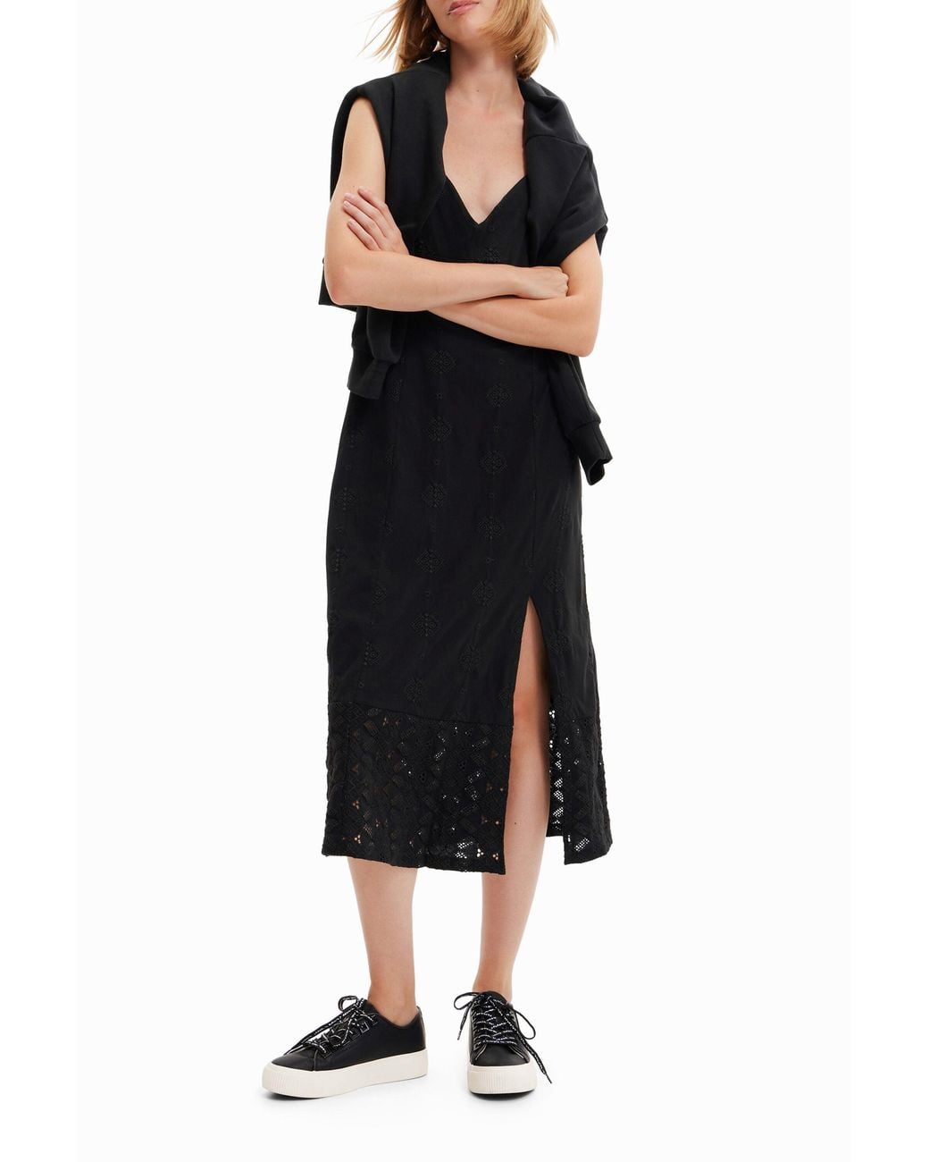 Desigual Black Embroidered Midi Dress, Cotton