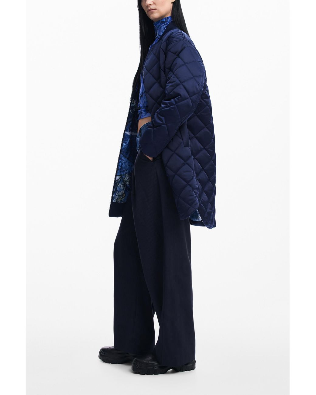 Desigual Blue Long Padded Coat, Polyester