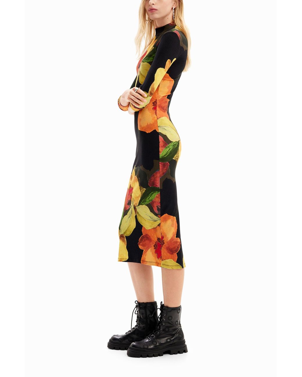 Desigual Black Slim Floral Midi Dress, Viscose