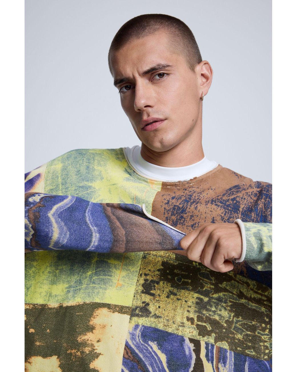 Desigual Gray Patchwork Print Sweater, Cotton for men