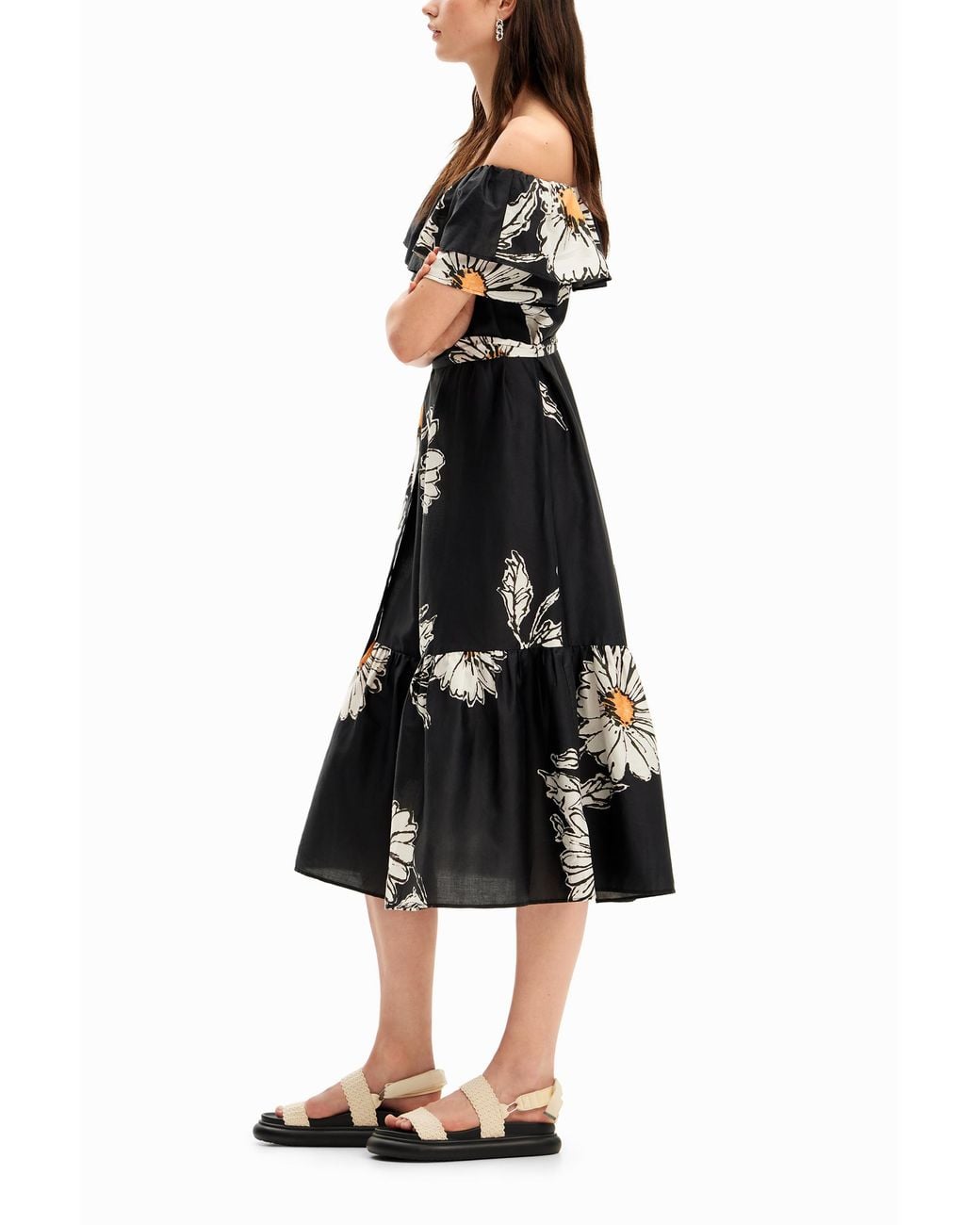 Desigual Black Daisy Ruffle Midi Dress, Cotton