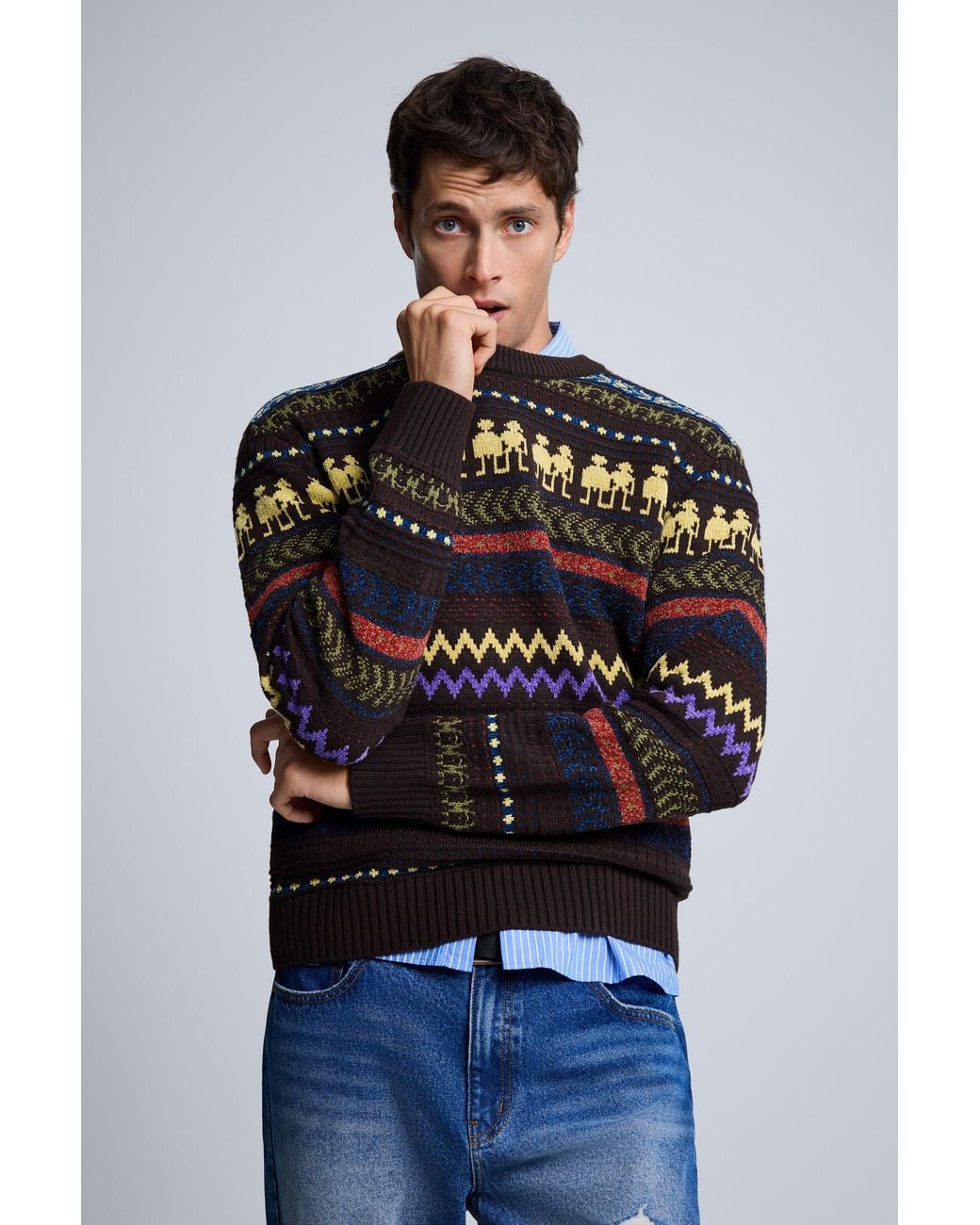 Desigual Blue Sweater With Robots Borders for men