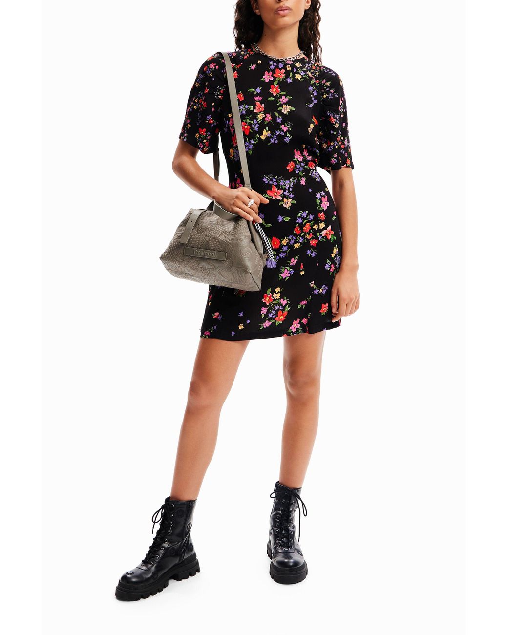 Desigual Black Short Floral Dress, Viscose