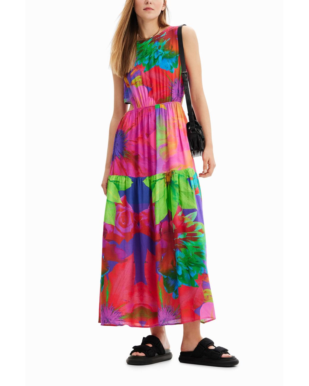 Desigual White Long Flower Cut-Out Dress, Viscose