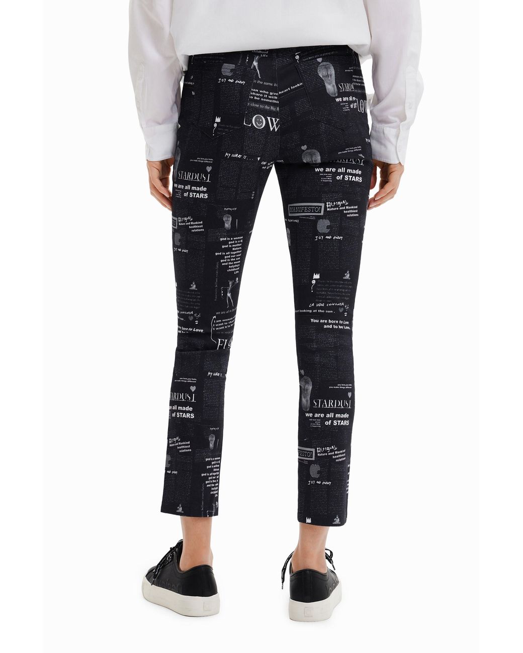 Desigual Black Newspaper Print Slim Trousers, Cotton