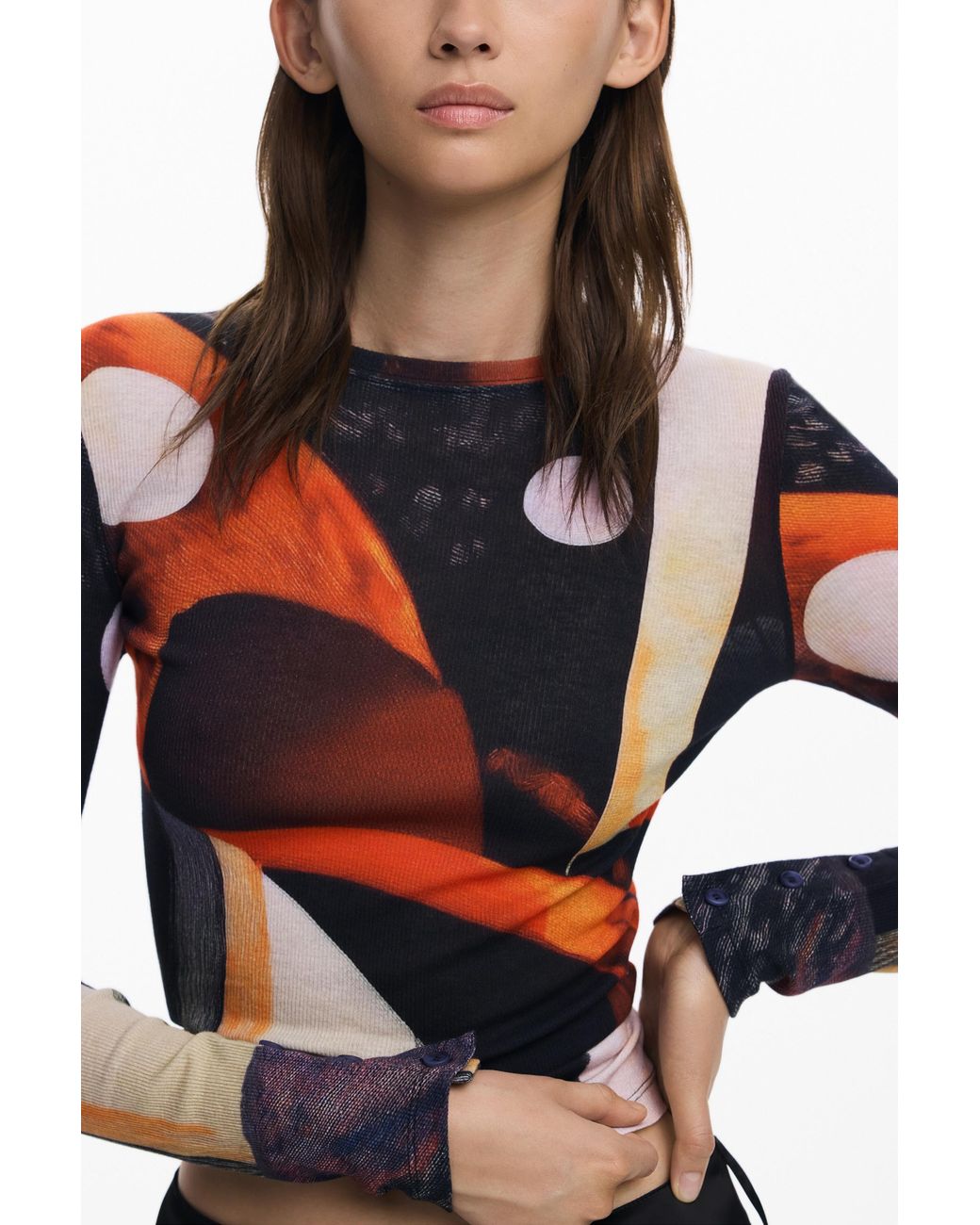 Desigual Red Printed T-Shirt With Buttons, Cotton