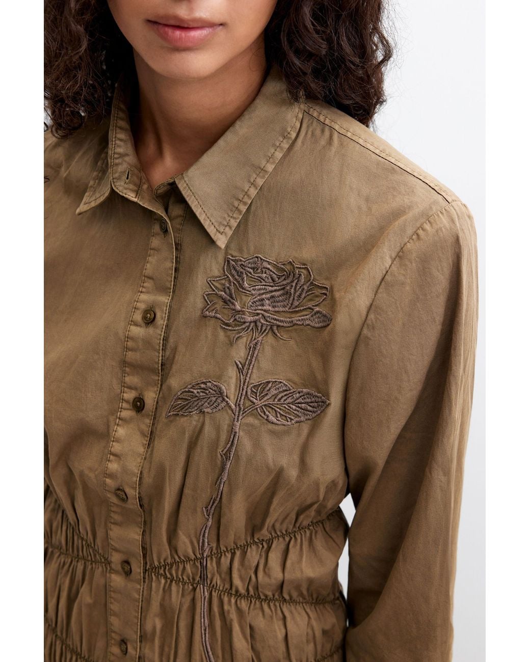 Desigual Brown Fitted Shirt With Embroidery, Cotton