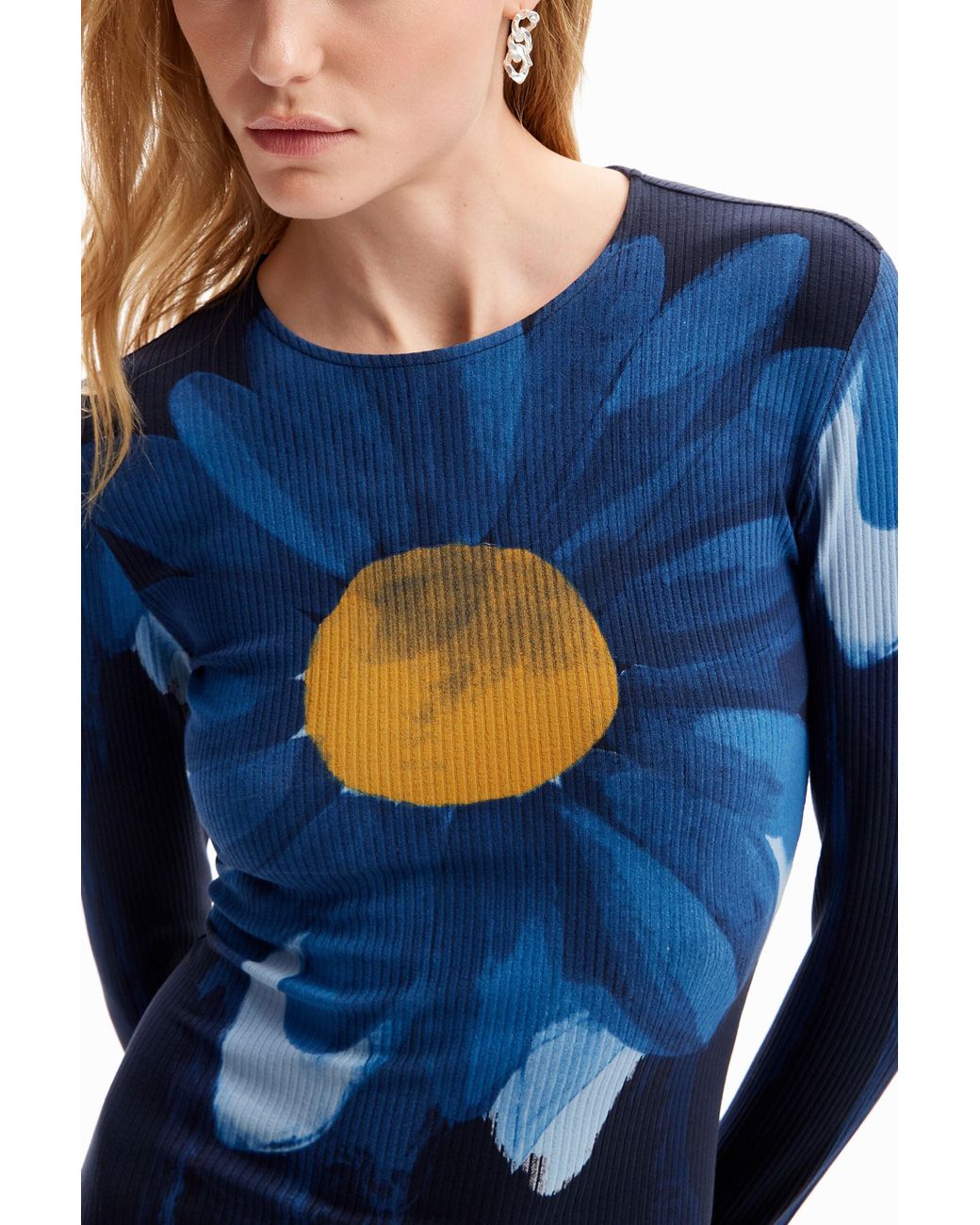 Desigual Blue Ribbed Daisy Mini Dress, Viscose