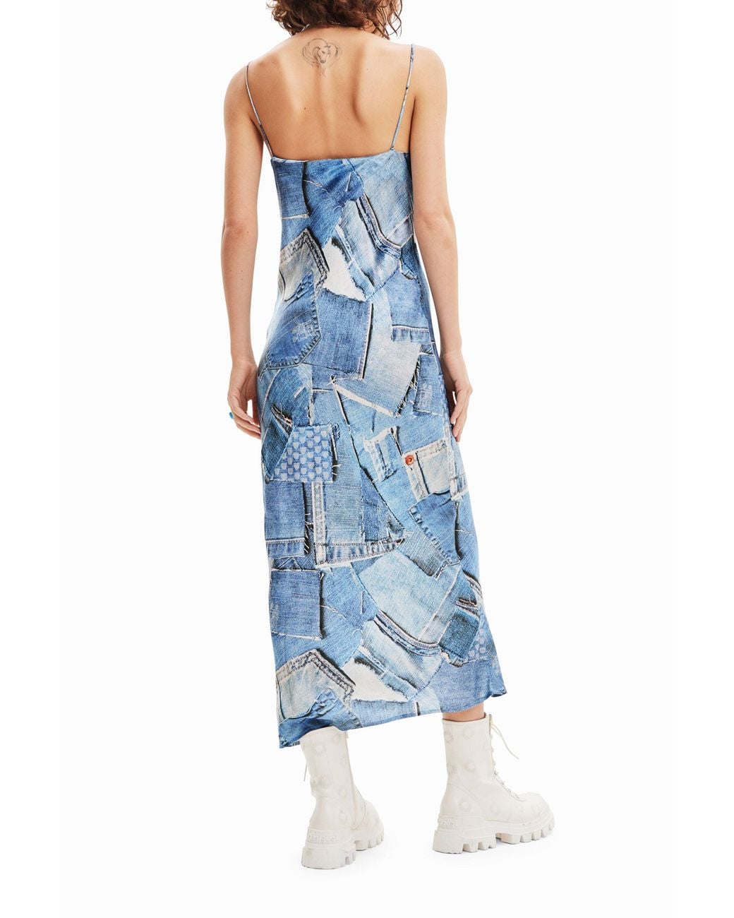 Desigual Blue Denim Patchwork Midi Dress, Viscose