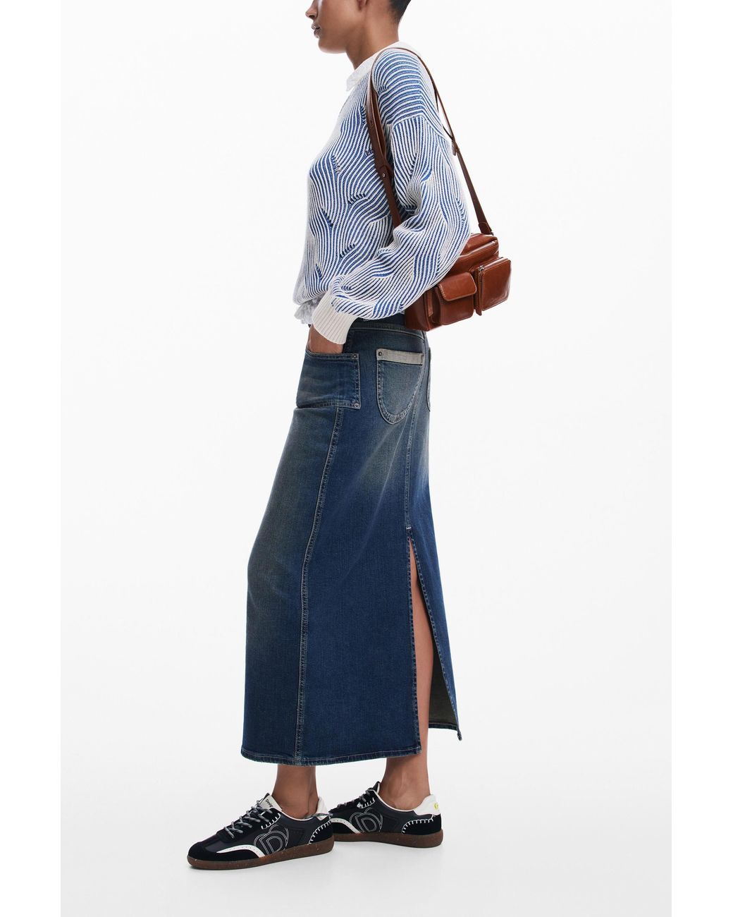 Desigual Blue Denim Midi Skirt, Cotton