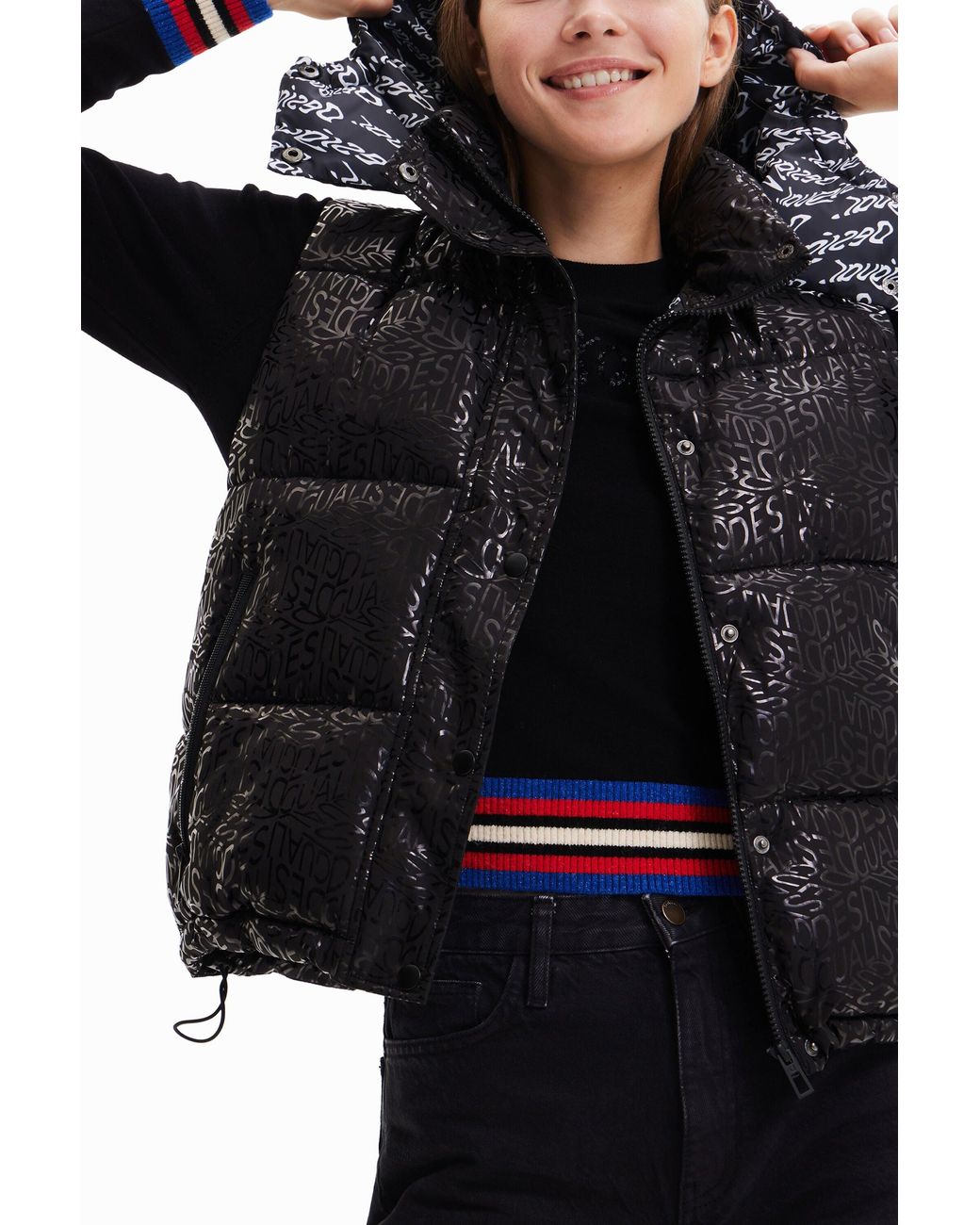 Desigual Black Logo Quilted Gilet, Polyester