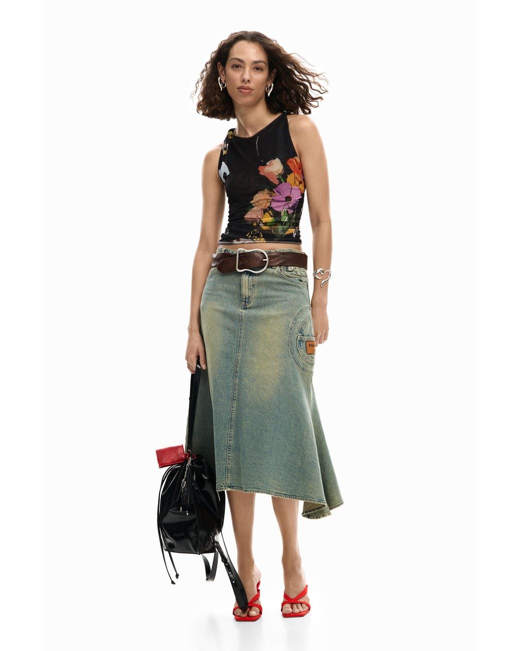 Desigual Black Mesh T-Shirt With Flowers, Polyester
