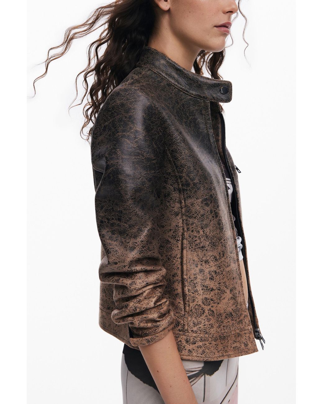 Desigual Brown Gradient Faux Leather Biker Jacket, Polyester