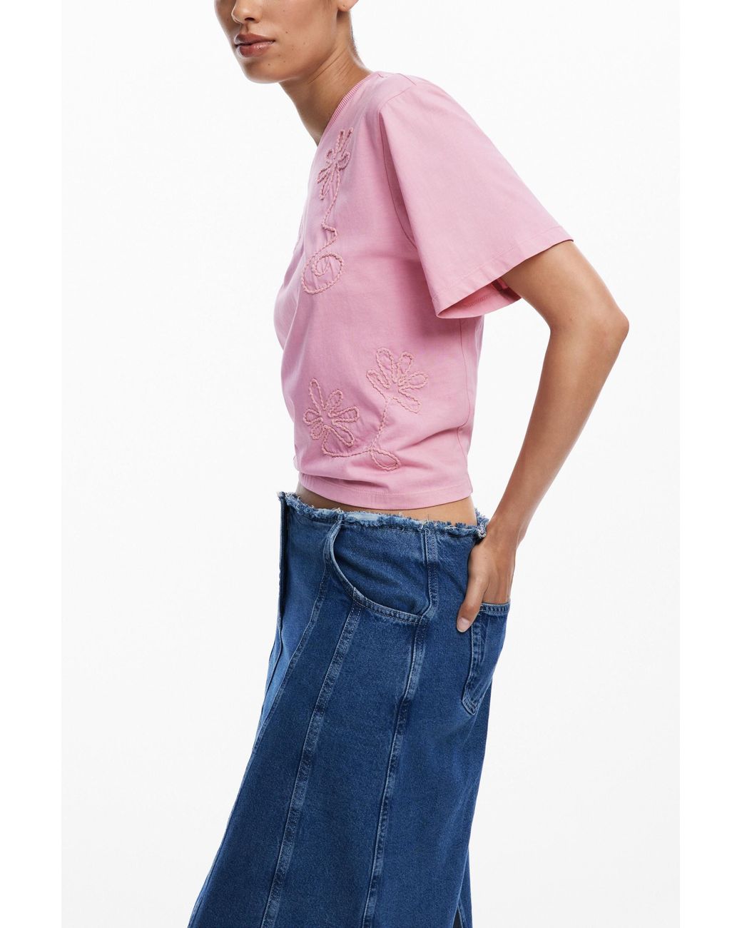 Desigual Pink Embroidered Flower T-Shirt, Cotton