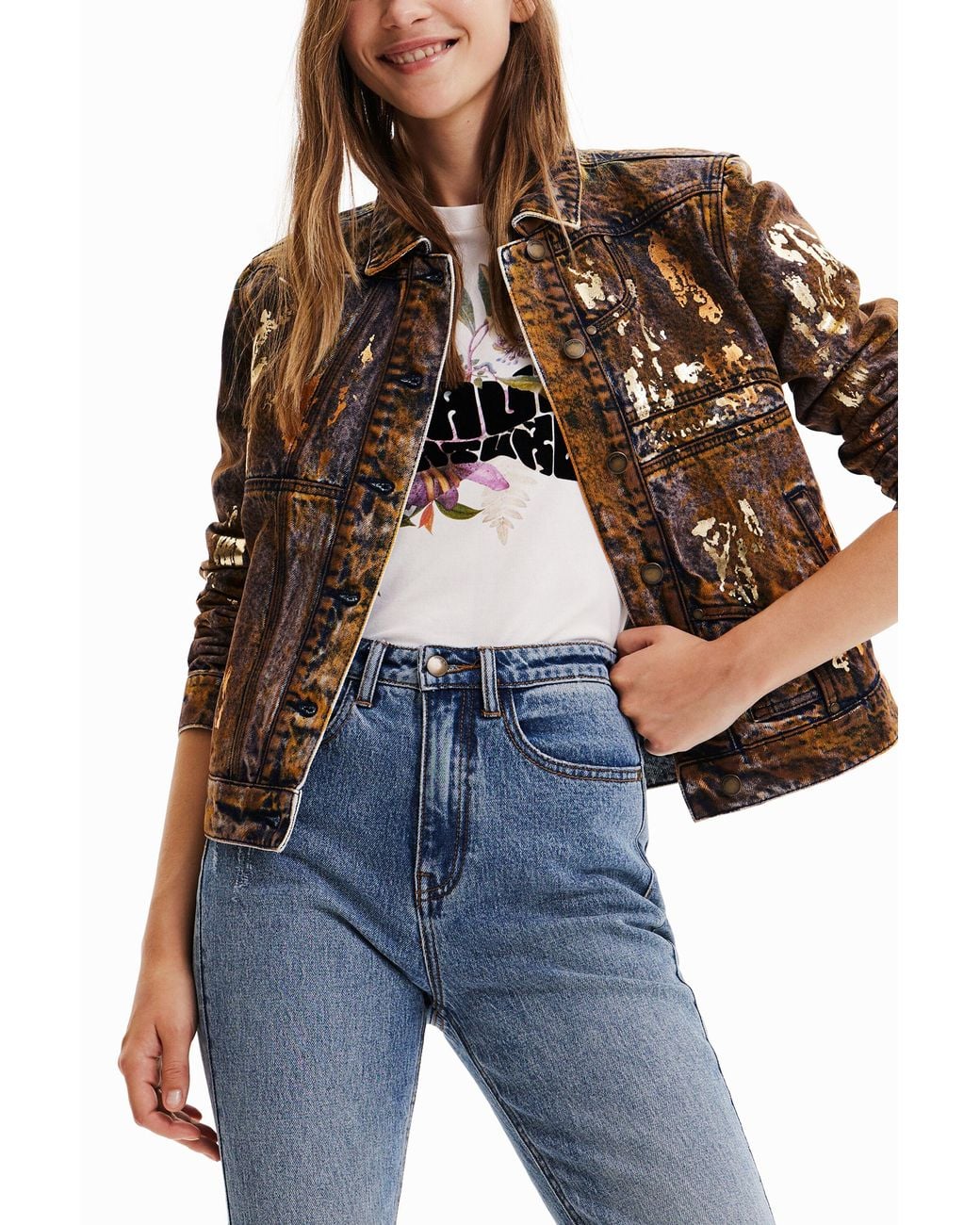 Desigual Blue Metallic Denim Trucker Jacket, Cotton