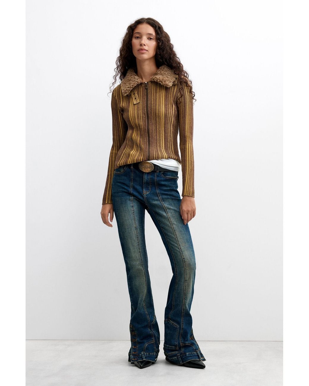 Desigual Brown Chunky Knit Striped Sweater
