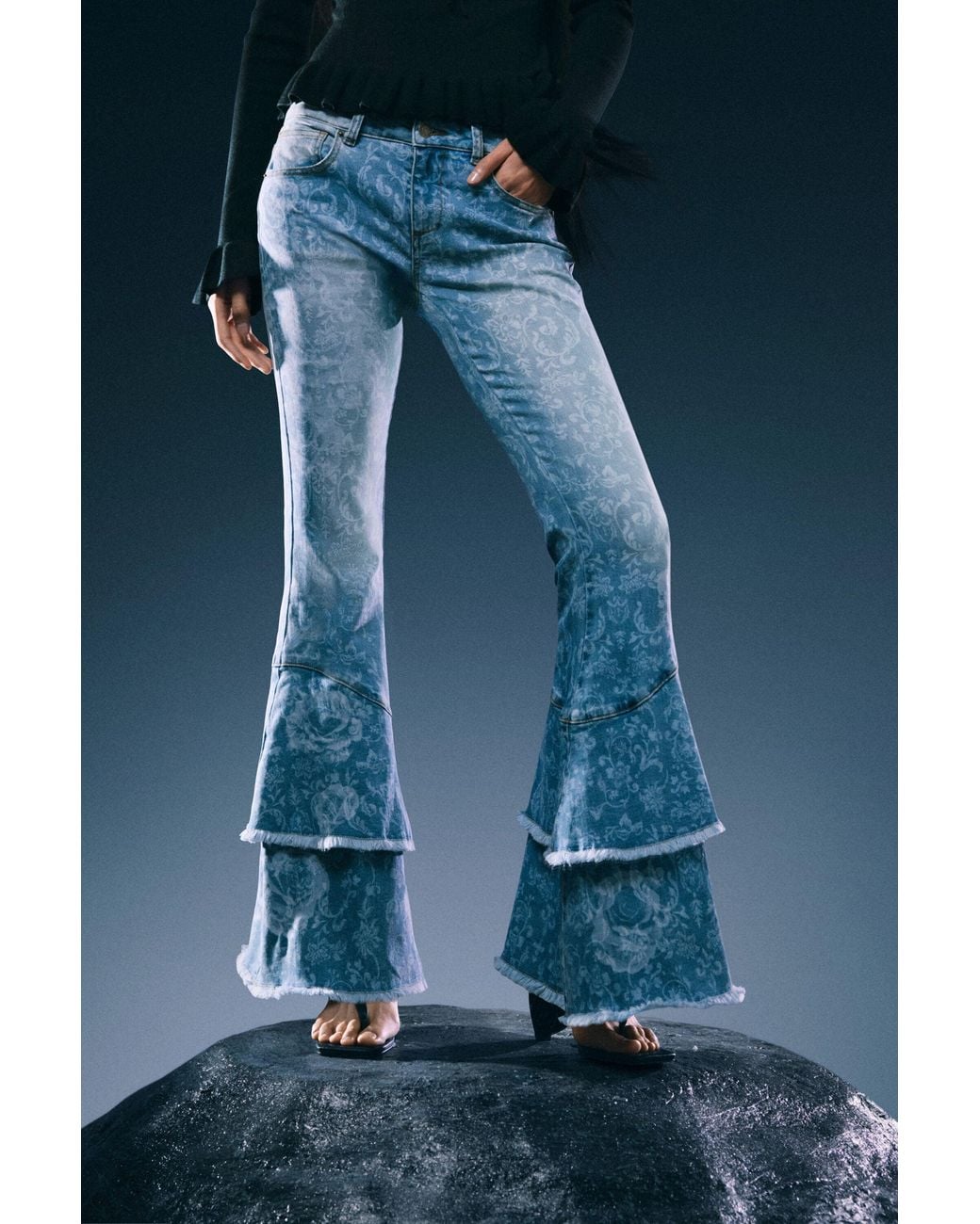Desigual Blue Printed Flare Jeans, Cotton