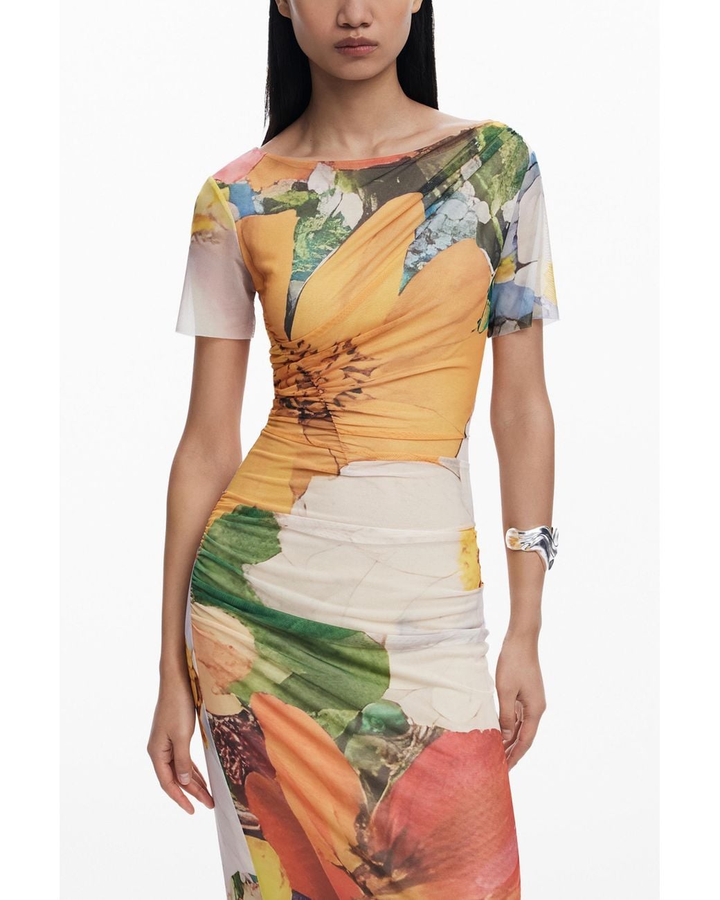 Desigual Orange Midi Tulle Dress With Flowers, Polyester