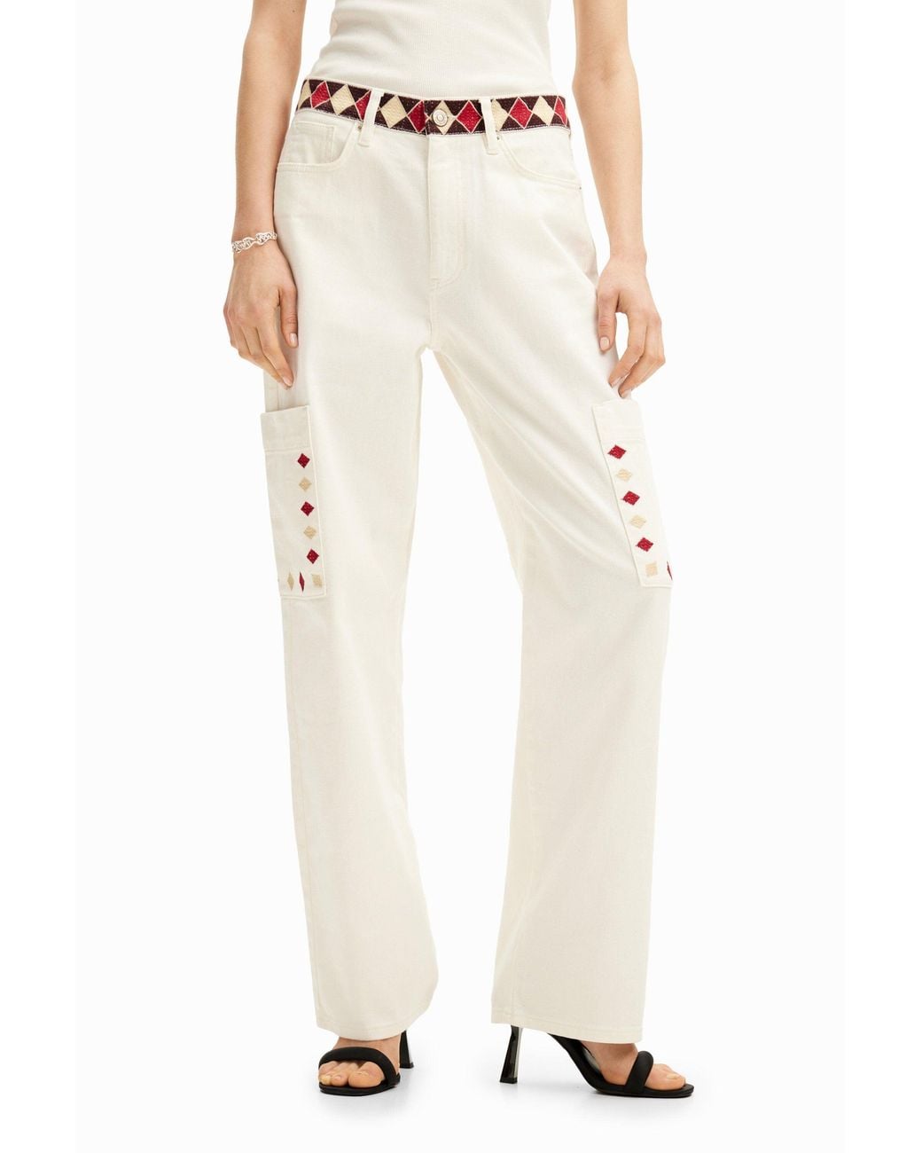 Desigual White Cropped Denim Pants With Diamond-Shaped Edges. Cotton