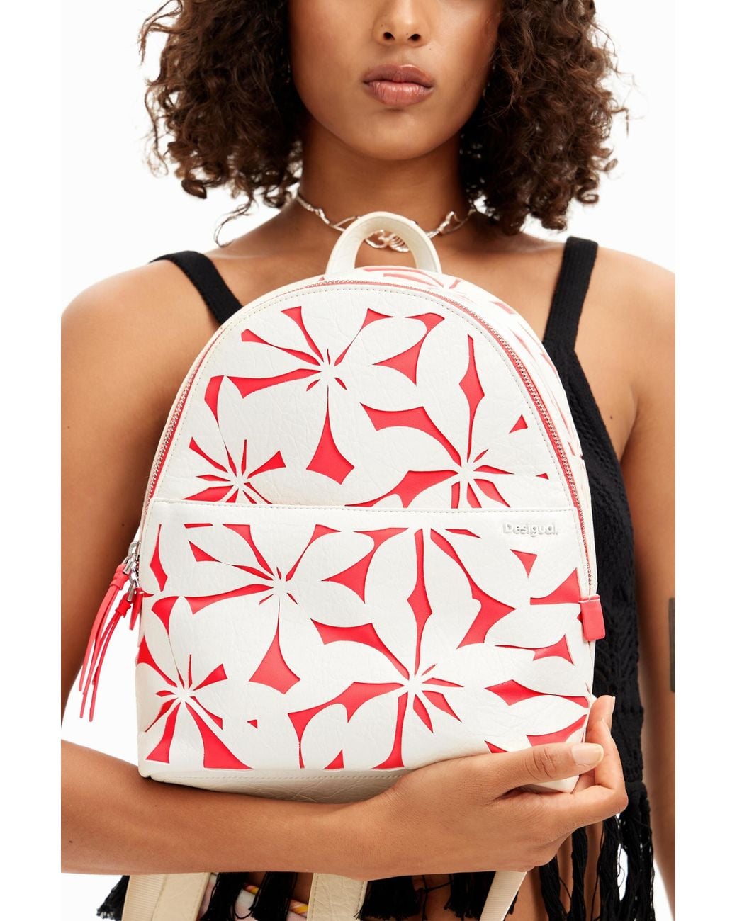 Desigual Red S Die-Cut Flowers Backpack, Polyurethane