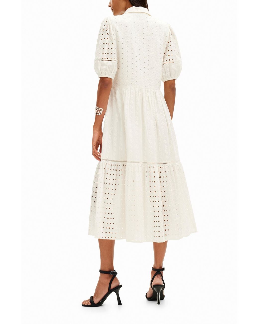 Desigual White Embroidered Midi Shirt Dress, Cotton
