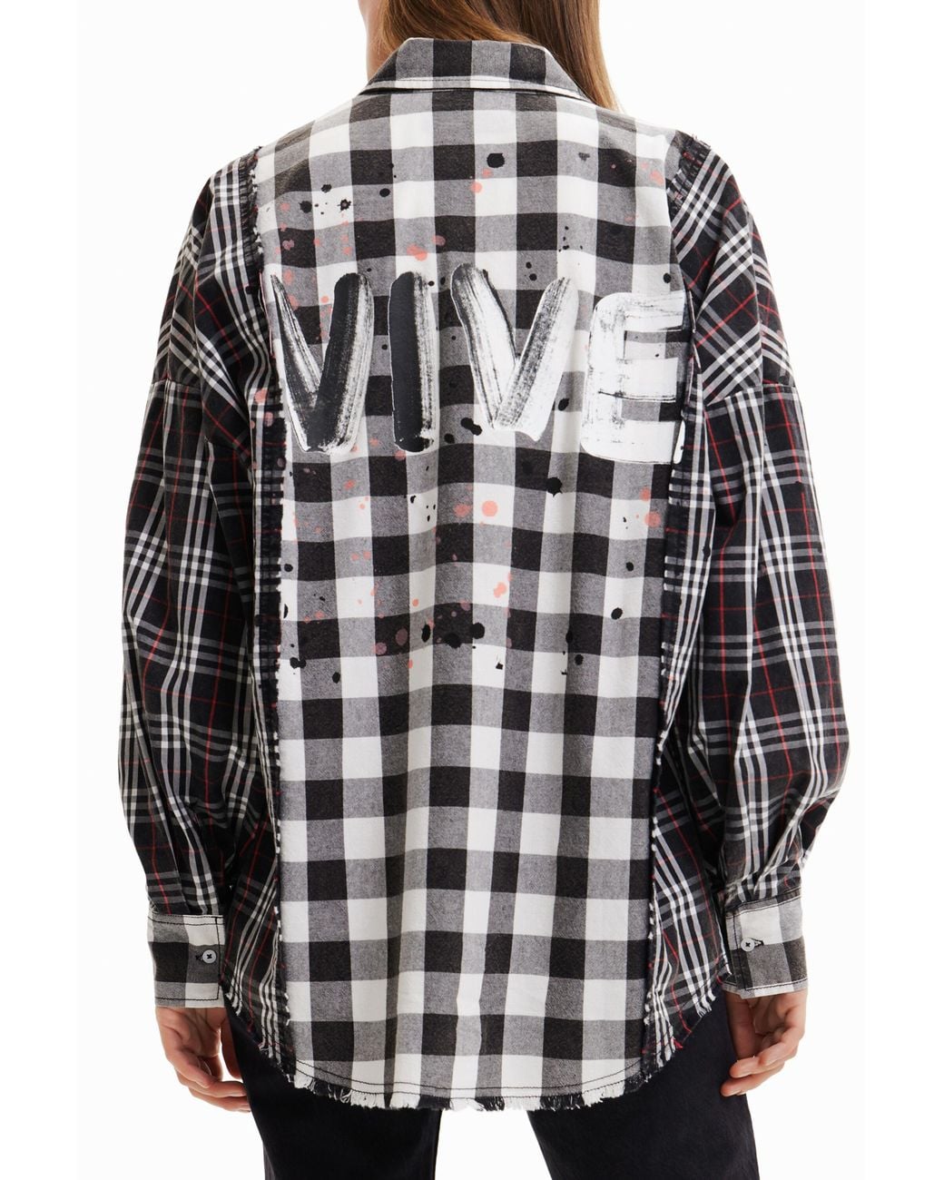Desigual White Patchwork Plaid Shirt, Cotton