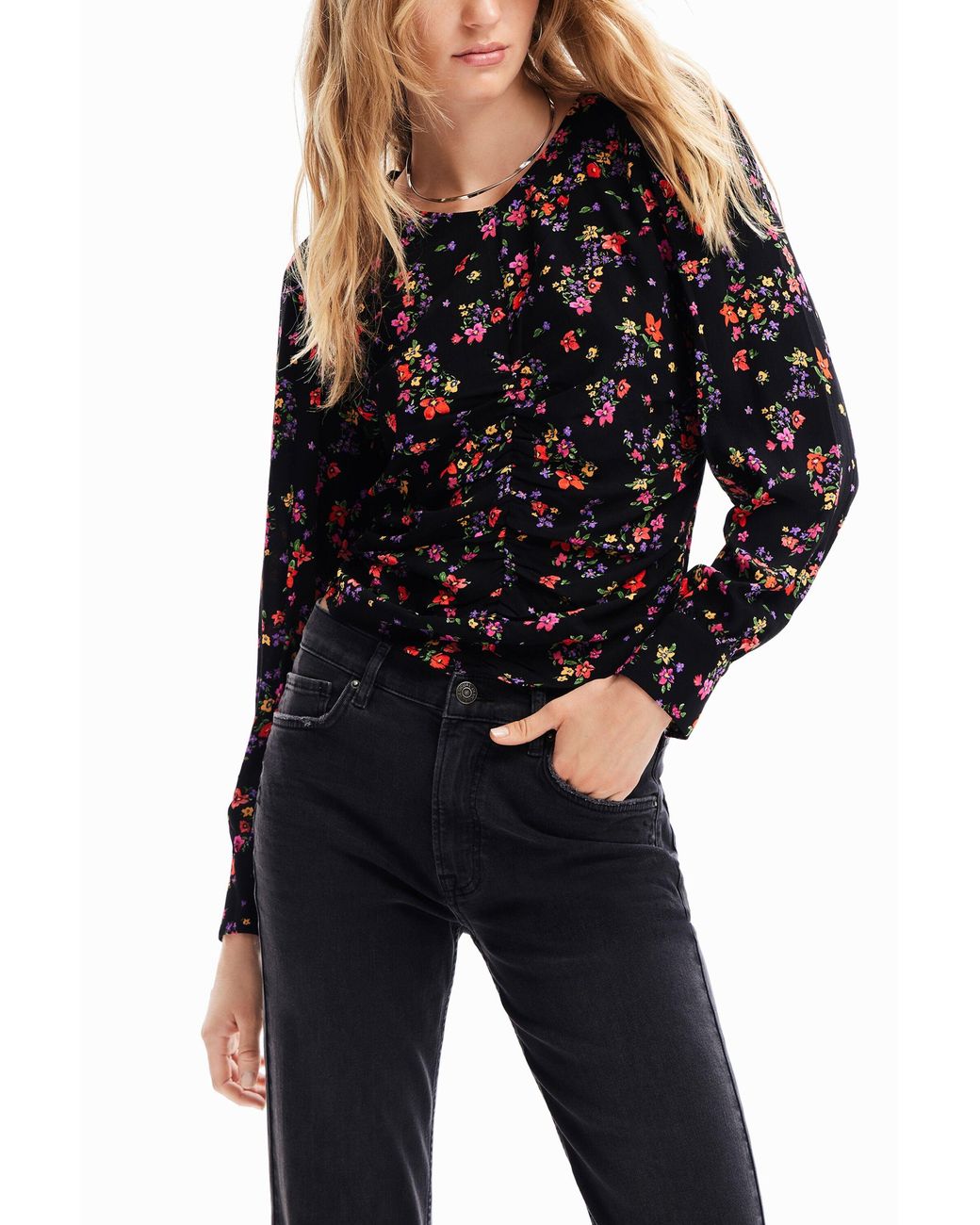 Desigual Black Floral Ruched Blouse, Viscose
