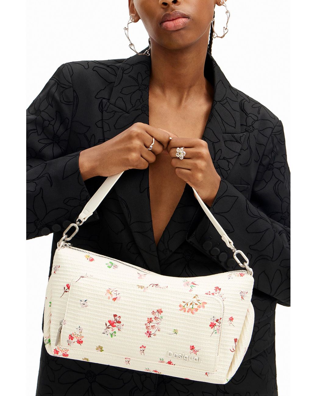 Desigual White M Textured Floral Bag, Polyurethane