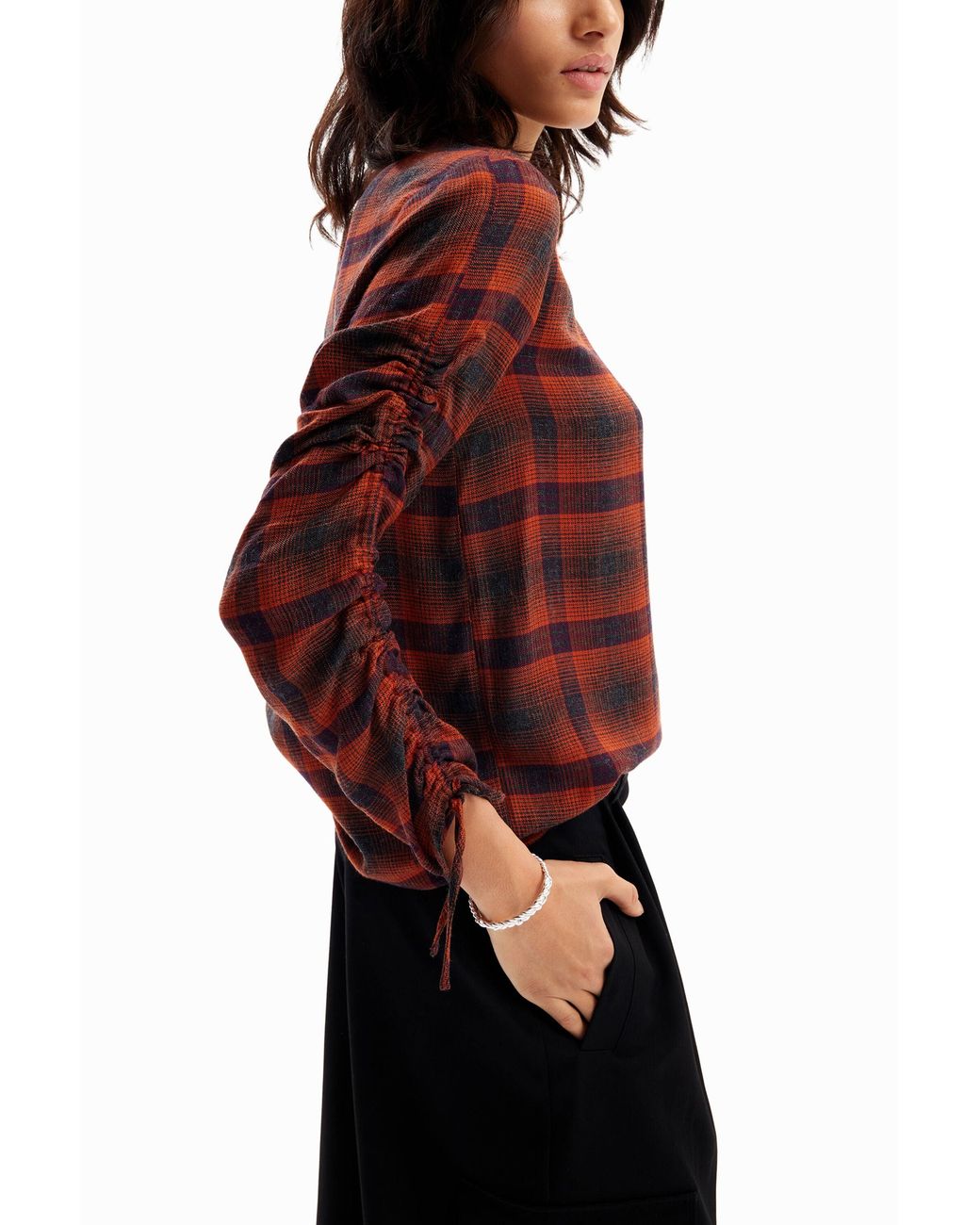 Desigual Red Adjustable Sleeve Plaid Blouse, Viscose