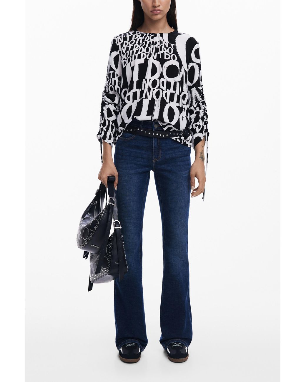 Desigual Blue Letter Blouse With Bows, Viscose